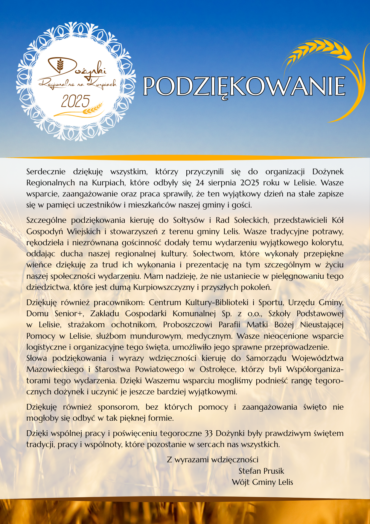 Podziękowania za udział w&nbsp;Dożynkach Regionalnych na&nbsp;Kurpiach