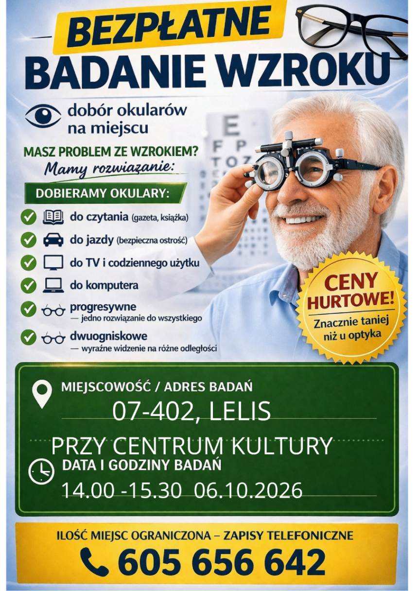 Bezpłatne badanie wzroku w&nbsp;Lelisie i&nbsp;Nasiadkach